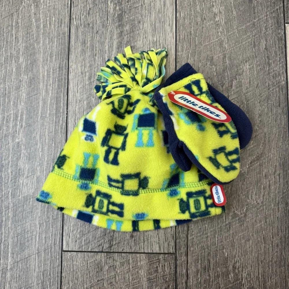 NWT Little Tikes Kids Fleece Beanie Mittens Set Robot Print Neon Green Blue OSFA
